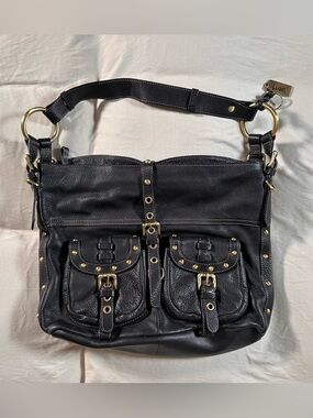 Lucē Black Leather Gold Embellishment Retro Goth Y2K Grunge Purse Emo Punk 2000s